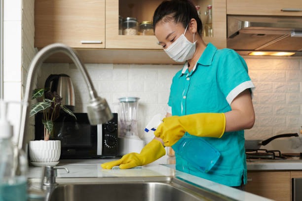 cleaning kitchen basin with sanitizer.